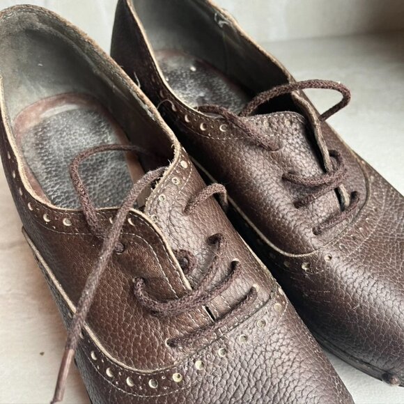 ** Vintage 90s Y2K Leather Lace up Chunky Wooden Clog Heels Size 6 - Picture 6 of 12